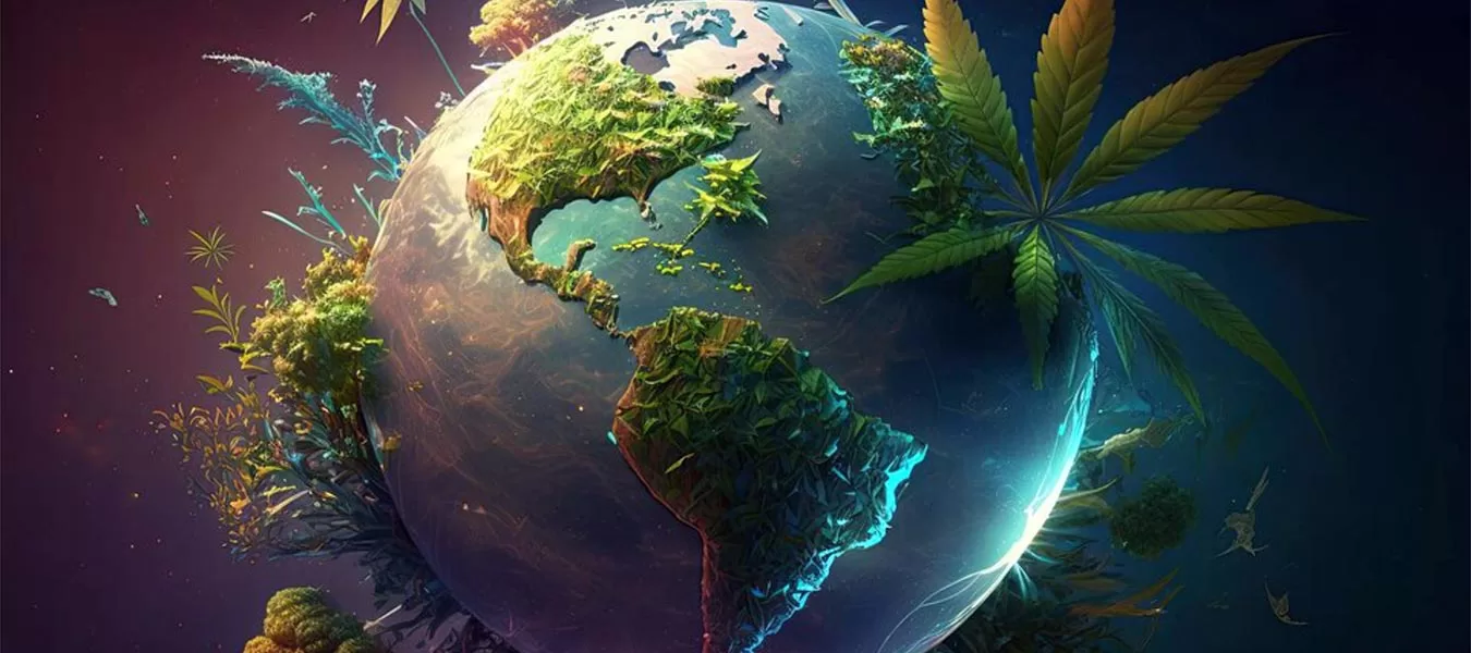 Graphic representation of globe with cannabis regions depicted with leaves.