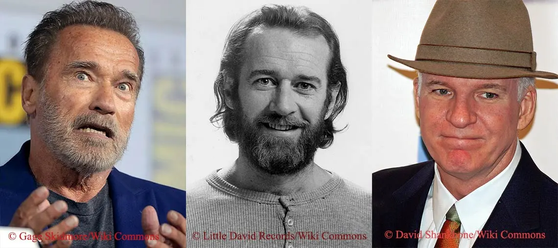 Composite image of Arnold Schwarzenegger, George Carlin and Steve Martin
